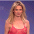 Static pixelated image of a woman with long blonde hair wearing a red sleeveless top against a blue background.
