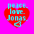 Red heart-shaped icon with cyan text 'peace. love. Jonas.' and a small cyan heart symbol on bright pink background.