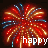 Animated firework display with red, blue, and gold bursts against a black background, text elements changing sequentially.