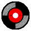 A circular icon with a red center, black outer ring segmented into four quadrants of alternating patterns, and small white text in the top-left quadrant.