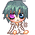 Pixel art character with teal-green hair, mismatched eyes (purple and blue), pink cheeks, white robe with brown pattern, orange feet; two views show eye color change.