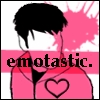 Pixelated icon of a figure with black hair and a pink jacket featuring a heart symbol, overlaid with the text 'emotastic.'
