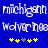 Blue background with white pixelated text reading "michigann" and "Wolverines" in two , below which are five yellow and one gray star-like symbols