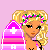 Pixel art contact sheet showing a bikini-clad female character with blonde hair and flower crown across multiple frames, featuring pink-and-white striped backgrounds and text elements like "Surfer Queen" at the bottom.