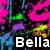 Pixelated image with vibrant pink, green, purple, and blue colors featuring two identical 'Bella' text labels at the bottom.