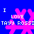 Blue background with four pink snowflake-like shapes, each containing white text reading "I LOVE TAYY ROSSIT" in pixelated font.