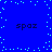 Blue background with cyan pixel clusters and four instances of the text 'spaz' in dark blue lowercase letters arranged in a