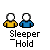 Pixel art of two figures in yellow and blue shirts standing side-by-side, with text below reading 'Sleeper Hold' and 'Sleeper' in white font on gray background.