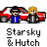 A 3x3 contact sheet of animated frames from a Starsky & Hutch-themed AIM buddy icon featuring pixelated characters, red-and-white cars, and changing text bubbles.