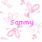 Pixelated pink and white icon with 'Sammy' text, surrounded by heart and swirl motifs on a white background.