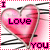 A 2x2 contact sheet of four animated frames showing pink hearts with "Love" text and black musical lines on a white background, each frame containing the words "I" and "YOU" in pixelated font.