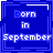 A 4x4 grid of identical blue square icons with white text reading "born in September" arranged as a contact sheet, each icon featuring subtle variations in border and line details across frames.