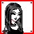 Pixel art contact sheet showing four frames of an animated AIM buddy icon featuring a goth-styled character with long hair, black clothing, and checkered patterns, alongside text labels "HOT TOPIC" and "ROCKS" on separate panels.