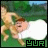 Animated cartoon scene with a character lying on grass, a dog jumping, and changing text below.
