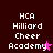 Dark red background with white pixelated text reading "HCA Hilliard Cheer Academy" and a pink star symbol, displayed in two identical vertical