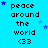 Blue background with repeated text "peace around the world <33" and scattered blue stars, some of which move across frames.
