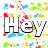six 'Hey' text variations on a colorful pixelated background with scattered red, blue, green, and yellow squares