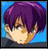 Pixelated anime-style character with purple hair and light skin against a blue background, next to black with white text