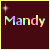 Two side-by-side display the name 'Mandy' in rainbow-colored pixelated text on a dark red background, with one showing a star at top-left and the other at bottom-right