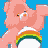 Static pixel art of a pink Care Bear with rainbow belly badge on blue background, 48x48 pixels rendered at 256x256 resolution.