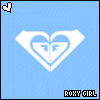Six- of light blue background icons with white heart-shaped Roxy Girl logo and black 'ROXY GIRL' text, each containing a small red heart in top-left corner