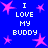 Blue background with pink star shapes and repeated white text "I LOVE MY BUDDY" in pixelated font.