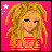 Pixel art of a character with long curly hair in a striped top against a pink background, with four showing eye and mouth variations