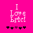 Pixelated text "I Love Em!" on bright pink background with black and purple heart symbols below.