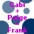 Pixelated text reads 'Gabi + Paige = Frank' over blue and white circles, with two identical copies of the text arrangement displayed side-by-side.