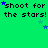 Green background with repeated text 'shoot for the stars!' in black pixelated font, scattered blue and light blue star shapes.