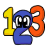 Pixelated icon featuring a blue character with large eyes and black pupils, flanked by yellow '1' on left and orange '3' on right against white background.