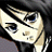 Pixelated anime-style character with black hair and light skin, showing two sequential expressions: open eyes then closed eyes.