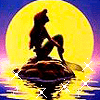 Silhouette of a seated figure on a rock under a large yellow moon, with water reflections and white sparkles against a purple-blue gradient sky.