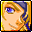 Pixelated character face with blue eyes and purple headband, wearing gold earrings, in a of showing text changes