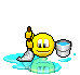 Yellow circular face with two eyes and a mouth, holding a mop in one hand and a bucket in the other, standing on blue puddle-like shapes.
