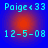 Blue background with red gradient circles, displaying 'Poige<33' and '12-5-08' text in cyan pixelated font across four identical