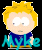 Pixelated cartoon character with spiky blonde hair, blue shirt, and yellow pants; left image shows cyan text overlay 'Myke' while right image lacks it.