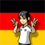 Pixelated static icon showing a person in front of German flag background with raised hands and open palms.