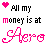 Pixel art contact sheet showing six frames of an animated buddy icon with pink hearts and text "All my money is at Aero" in black and pink fonts.