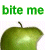 Green apple with a bite taken out, displayed in a with 'bite me' text above each instance, some text letters in red