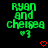 Green pixelated text "Ryan and Chelsea" with a heart symbol, displayed on black background with red hearts at bottom corners.