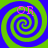 Four identical spiral patterns arranged in a , each with green and blue swirls and pink 'OR' text at the top