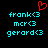 A static pixel art image with cyan text on black background showing three names with heart symbols, and a red heart symbol above the first name.