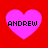 Four pink heart shapes on a red background, each containing the text ANDREW in pixelated black letters.
