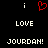 Static pixel art displays two identical text with red heart symbol above, white 'i' characters on either side of the heart, and repeated 'LOVE JOURDAN!' text below