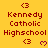 Yellow background with red text reading Kennedy Catholic Highschool and a small <3 symbol above each instance, some instances include a pink heart below the text.