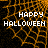 Pixelated orange spiderweb pattern on black background with 'HAPPY HALLOWEEN' text in white block letters.
