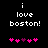 Black background with white pixelated text reading 'i love boston!' and five pink heart symbols below, where the third heart is purple.