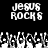 Pixelated black-and-white image with 'JESUS ROCKS' text above a of raised hands, each holding a small object
