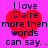 A static image with four identical showing a red heart over pink background and text reading "I love Claire more then words can say..."